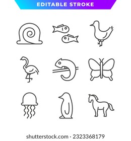 Set of Animal Outline Icon. Snail, Horse, Chameleon, Penguin, Flamingo, Jellyfish, and More. Editable Stroke. Vector Eps 10