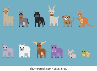 set of animal. parma, donkey, black panther, mountain goat, monkey, kangaroo, hippopotamus, rhinoceros, polar bear, buff