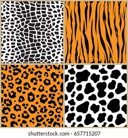 set animal pattern texture giraffe cow leopard tiger stripe repeated seamless orange white black jungle safari print