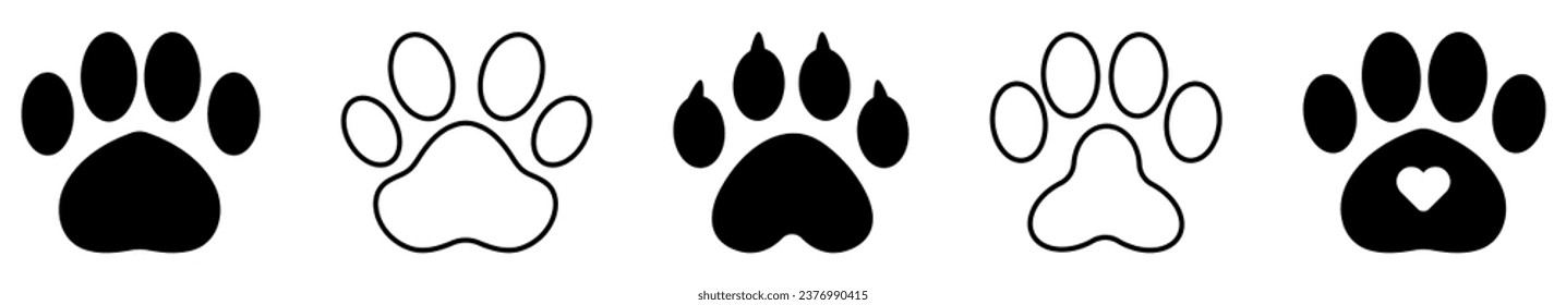 Set of animal paw icons. Dog or cat paw symbols. Vector illustration isolated on white background
