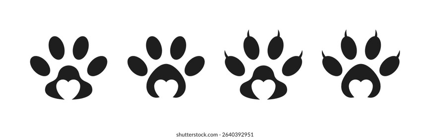 Set of animal paw print with love. Paw prints cat and dog with love icon set illustration