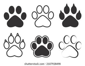 Set of animal paw print. Paw prints, icon. Vector paw. Dog, puppy, cat, bear, wolf. Legs. Foot prints.