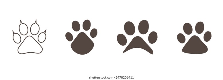 Set of animal paw print. Paw prints, icon. Vector paw. Dog, puppy, cat, bear, wolf. Legs. Foot prints. Paw icon . Eps 10.