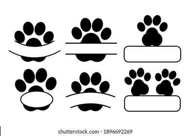 Set of animal paw silhouette monogram, frame in black colour isolated on white background stock vector illustration. Simple design, creative for cutting, vinyl.