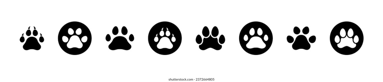 Set of Animal paw vector icons. Footprint cat, dog, tiger with claw.