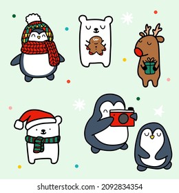 Set of animal with penquin wearing knitted hat and scraf, polar bear hold gingerbread, reindeer with present box, and in christmas costume theme in cartoon character design, vector illustration