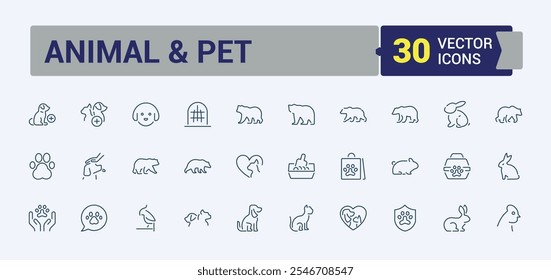 Conjunto de ícones de linha Animal e Animal de estimação. Relacionado com veterinário, animais, animal, pet shop, veterinária, linfa animal, animal de estimação e muito mais. Ícone linear fino minimalista. Ilustração vetorial.