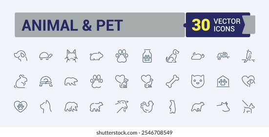 Conjunto de ícones de linha Animal e Animal de estimação. Relacionado com veterinário, animais, animal, pet shop, veterinária, linfa animal, animal de estimação e muito mais. Ícone linear fino minimalista. Ilustração vetorial.