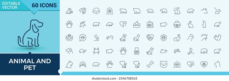 Conjunto de ícones de linha Animal e Animal de estimação. Relacionado com veterinário, animais, animal, pet shop, veterinária, linfa animal, animal de estimação e muito mais. Ícone linear fino minimalista. Ilustração vetorial.