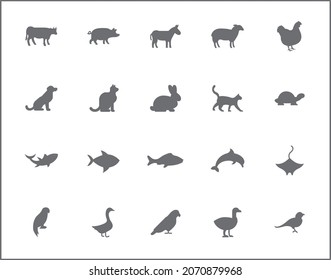 Set of animal and Pet line style. It contains such as cat, dog, fish, sea creatures, tuna, seafood, pork, lamb and other elements.