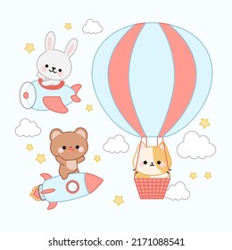 Set of animal pilots in kawaii style. Rabbit on the plane. Bear on a rocket. Cat in a balloon.