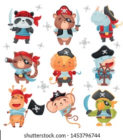 Set of animal pirates. Vector illustration on white background.