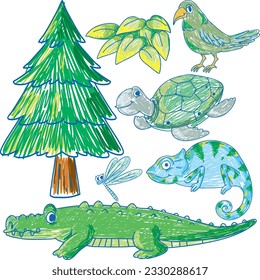 Set of animal and plant in green scribble style illustration