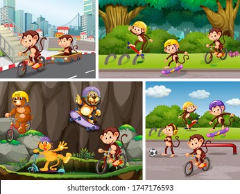 Set of animal playing in different background illustration