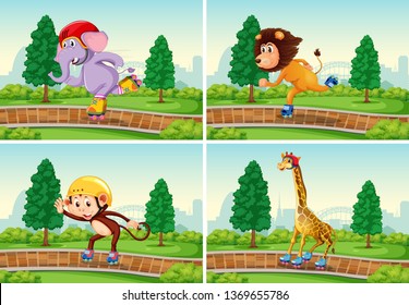 Set of animal playing rollerskate in the park illustration