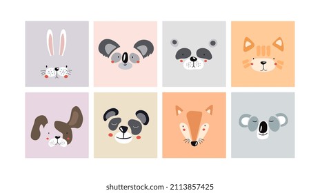 Set of animal portraits. Collection of cards, banners, placards and posters for kids. Lovely characters. Graphic elements for website. Cartoon flat vector illustration isolated on white background