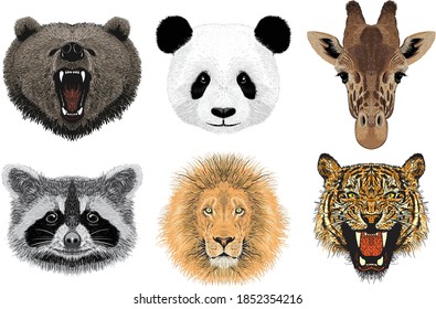 Set of animal portraits, hand drawn illustration