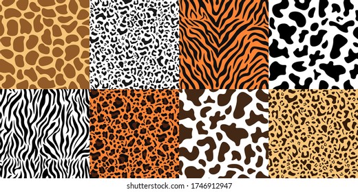 Conjunto de patrones de impresión animal. Fondo abstracto de moda, piel animal - tigre y rayas de cebra, manchas leopardo, girafa y estampado de vaca para tela, textil, estampado. Ilustración del vector