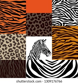 Set of animal prints. Geometric collage with patchwork elements. Zebra head, leopard spots, tiger stripes. Ethnic design collection.