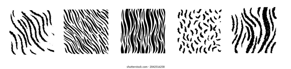 Set of animal prints. Vector illustration. Zebra, leopard, cheetah, tiger patterns collection in black and white colors in flat style. Isolated on white background.