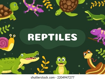 Set of Animal Reptile Template Hand Drawn Cartoon Flat Illustration with Various Types of Reptiles Animals Concept