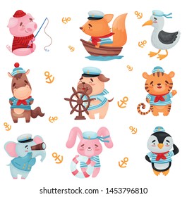 Set of animal sailors. Vector illustration on white background.