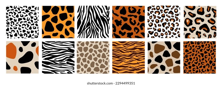 Set of animal seamless patterns. Giraffe, tiger, leopard, cheetah, zebra, jaguar print skins. Wild safari animals mammals fur texture background. Vector illustration in hand drawn flat style