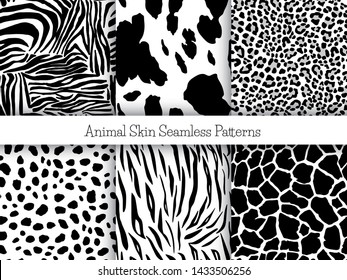 Set of animal seamless prints. Vector illustration. Zebra, cow, leopard, cheetah, tiger and giraffe patterns collection in black and white colors in flat style. Isolat on white background.