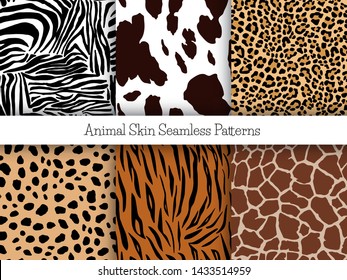 Set of animal seamless prints. Vector illustration. Zebra, cow, leopard, cheetah, tiger and girafe patterns collection in different colors in flat style.