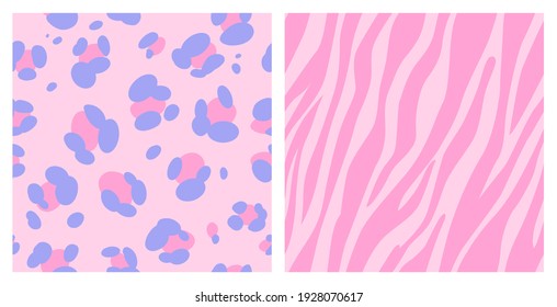 Set of animal seamless skin patterns, Leopard and zebra prints in vibrant pink and purple palette. Modern trend design background. Vector illustration in boho style.