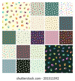 Set of animal seamless vector patterns of black and white, and colorful paw footprint. Endless texture can be used for printing onto fabric, web page background and paper