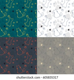 Set of Animal seamless vector patterns of cat and dog silhouettes. Endless texture can be used for printing onto fabric, web page background and paper or invitation.