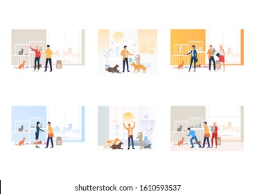 Set of animal shelters. Flat vector illustrations of people and animals. Animal care concept for banner, website design or landing web page