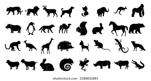 Set of Animal Silhouettes.  Black Wildlife and Pet Icons Featuring Mammals, Birds, Reptiles and Farm Animals  Vector Illustration for Logos, Stickers, Patterns and Graphic Design Elements