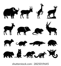 A set of animal silhouettes, including bison, deer, and marsupials, rendered as a flat vector illustration on a white background.