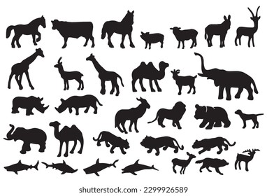 set of animal silhouettes, isolated on white. vector illustration