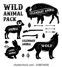 Set animal silhouettes labels & badges. Retro vector design graphic element, emblem, logo, insignia, sign, identity, logotype, poster.