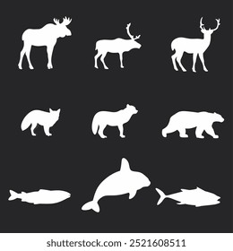 A set of animal silhouettes on dark grey background 