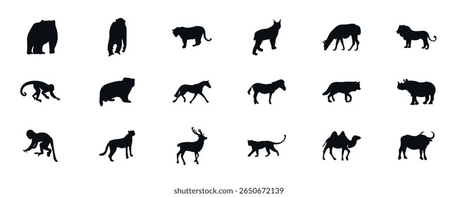 Conjunto de silhuetas de animais. Zoológico. Silhueta animal. É ideal para decorar objetos de zoológico, natureza, animal temático