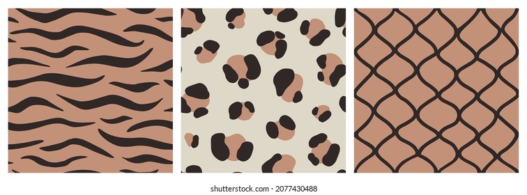 Set of Animal Skin Seamless Patterns: Tiger, Leopard, Snake print. Hand Drawn vector illustration in Boho Style. Modern trend design background in Earth tone.