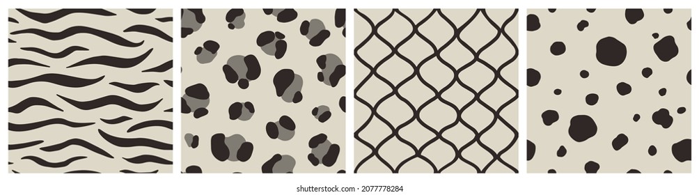 Set of Animal Skin Seamless Patterns: Zebra, Leopard, Snake, Сheetah print. Hand Drawn vector illustration in Boho Style. Modern trend design background in Black and White tone.