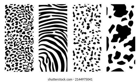 Set of animal skin textures. Vertical vector pattern. Dalmatian, leopard, cow, and zebra pattern print texture. Pattern of dalmatian, cow, zebra and  leopard spots. black Chaotic spots 