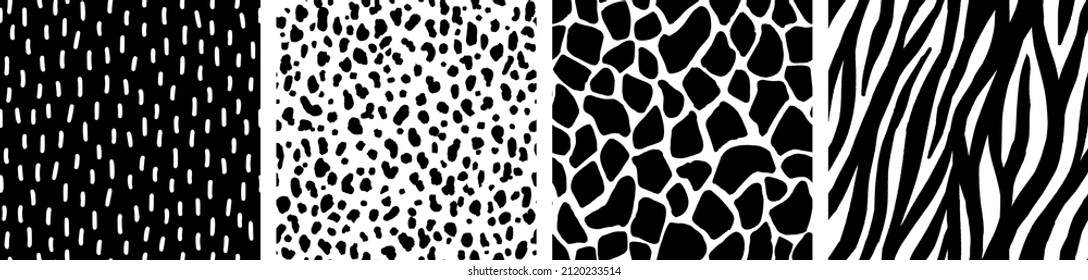 Set of animal skin vector patterns. Abstract black and white animal prints with hand painted brush strokes. Seamless abstract backgrounds and textures. 