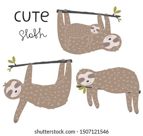 Set of animal sloth. Vector illustration for printing on fabric, clothes, dishes, packaging paper. Cute baby background.