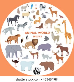 Set of animal species vector. Flat style. Big collection of mammals of different geographical latitudes and continents. Wild and domestic herbivores, predators, birds illustrations. Isolated on white.