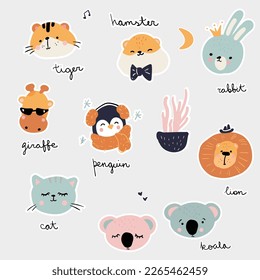 Set of animal stickers. Modern patches in simply style for kids.