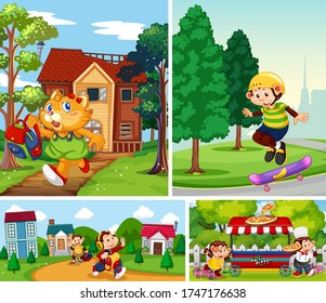Set of animal student in different background illustration