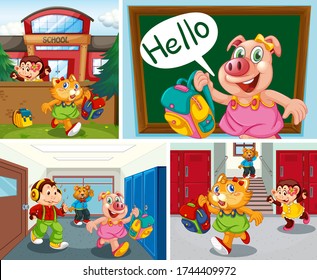 Set of animal student at school background illustration