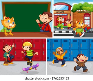 Set of animal students at school illustration