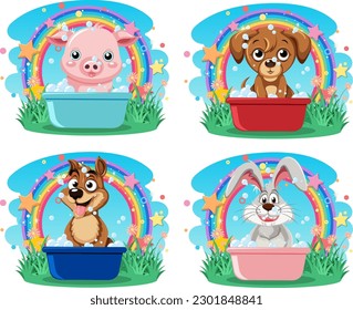 Conjunto de animales tomando una ilustración de baño
